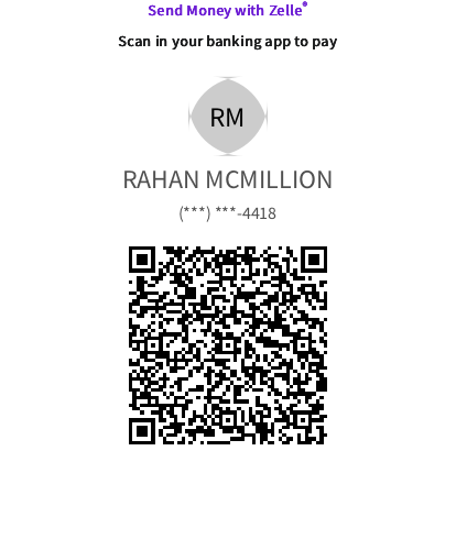 Zelle QR code for Rahan McMillion